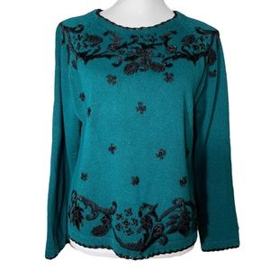Floral Embroidered Sweater VTG XL Vintage Ribbon Green Teal Blue Scalloped